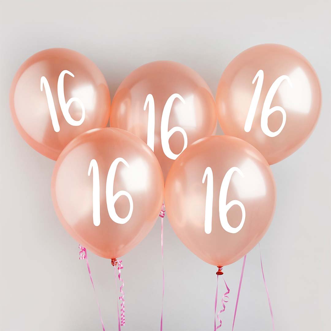 Rose Gold Number '16' Latex 12'' Balloons - Pack of 5