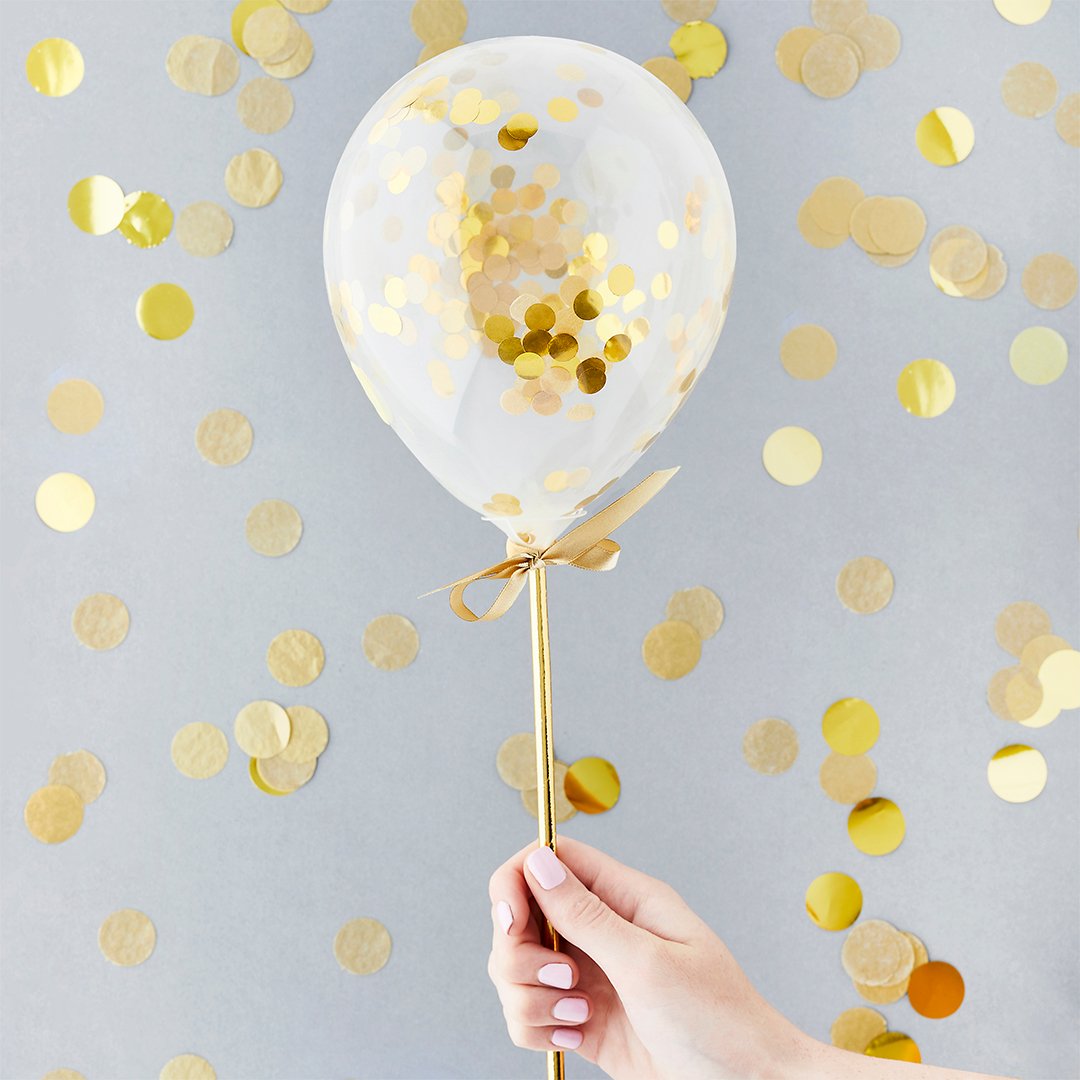 Gold Mini Confetti 5" Latex Balloons Wands - Pack of 5